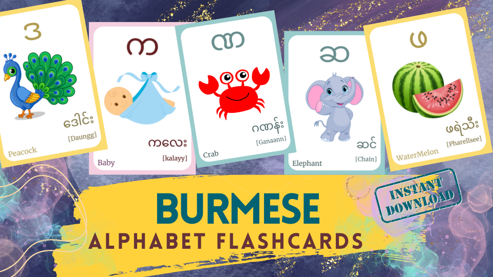 Burmese Alphabet FLASHCARD with picture, Learning Burmese, Burmese Letter Flashcard,Burmese Language