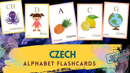 Czech Alphabet FLASHCARD with picture, Learning Czech, Czech Letter Flashcard,Czech Language