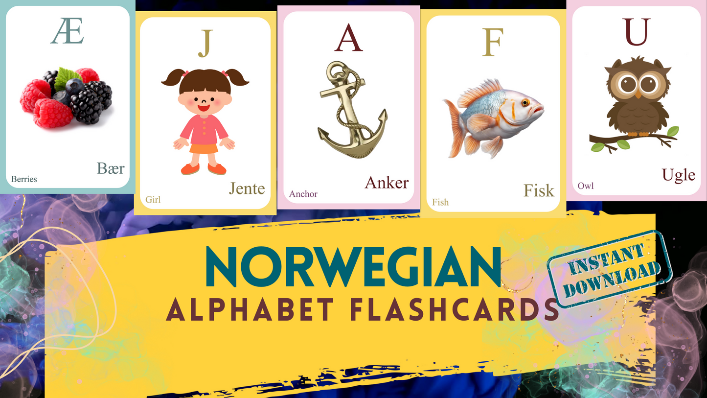 NORWEGIAN Alphabet FLASHCARD with picture, Learning Norwegian , Norwegian Letter Flashcard,Norwegian Language Digital Download