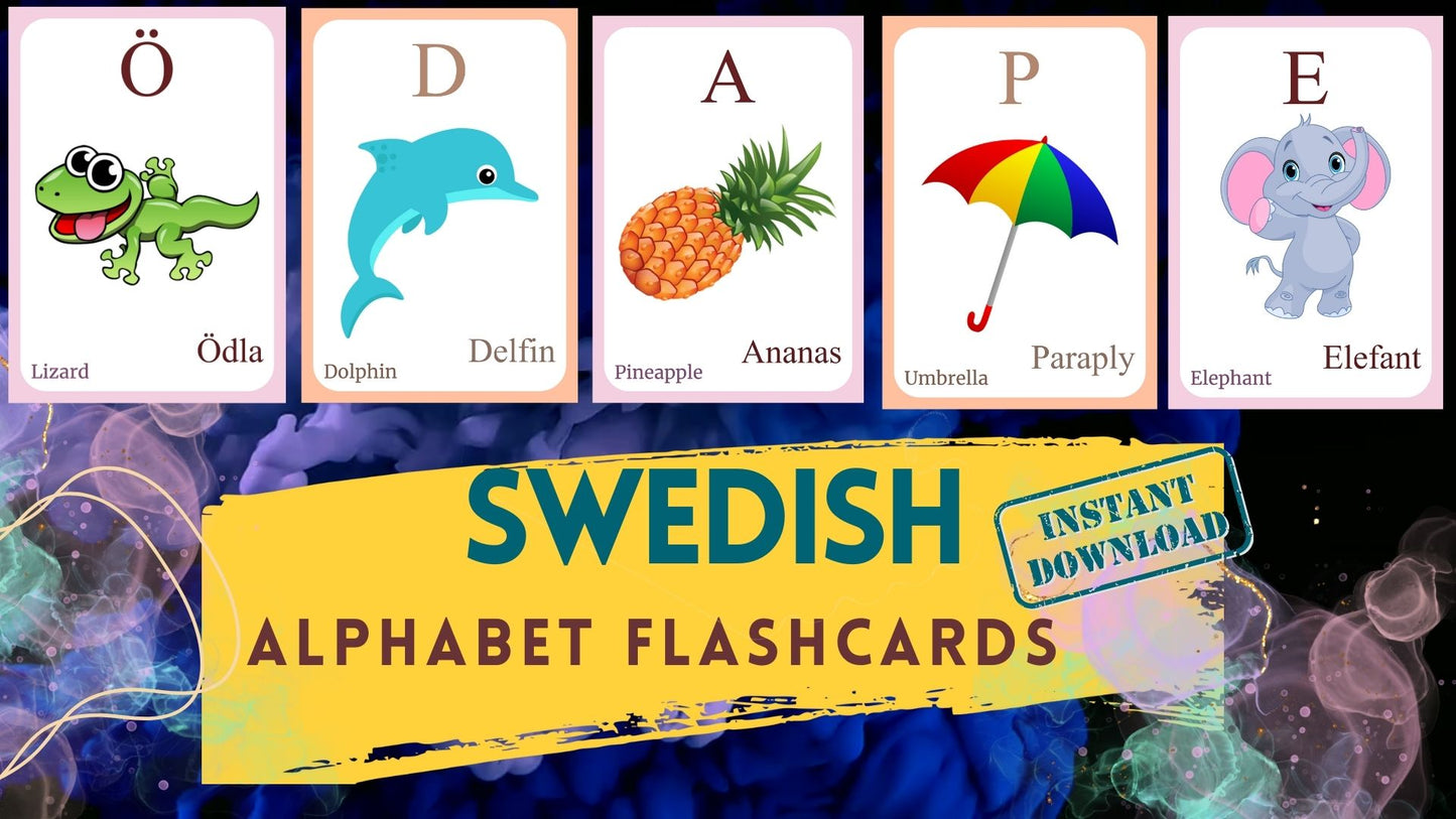 Swedish Alphabet FLASHCARD with picture, Learning Swedish, Swedish Letter Flashcard,Swedish Language