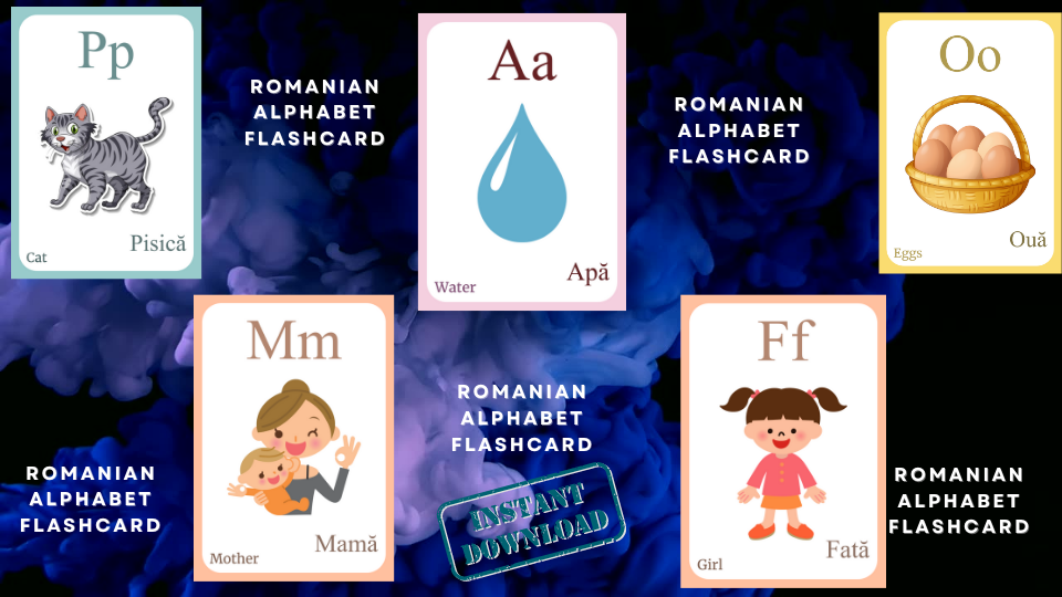 ROMANIAN Alphabet FLASHCARD with picture, Learning ROMANIAN, Romanian Letter Flashcard,Romanian Language,Pdf flashcards