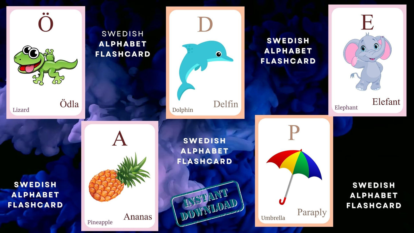 Swedish Alphabet FLASHCARD with picture, Learning Swedish, Swedish Letter Flashcard,Swedish Language