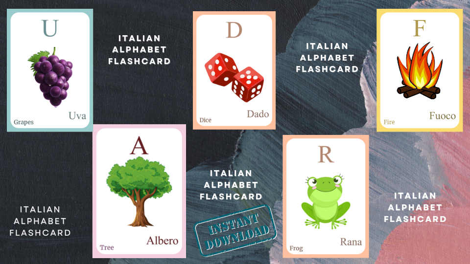 Italian Alphabet FLASHCARD with picture, Learning Italian, Italian Letter Flashcard,Italian Language