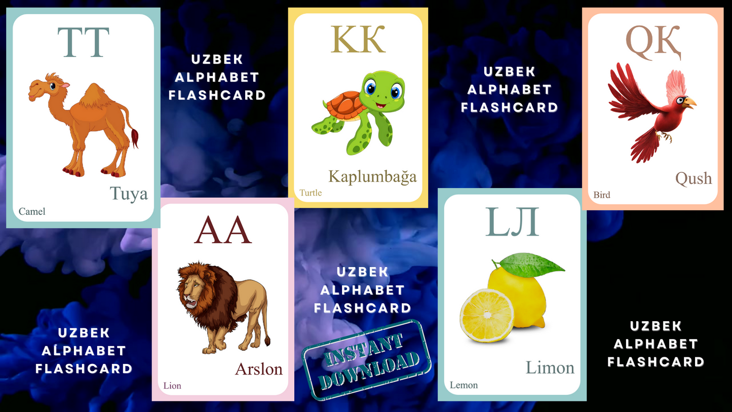 Uzbek Alphabet FLASHCARD with picture, Learning Uzbek, Uzbek Letter Flashcard,Uzbek Language