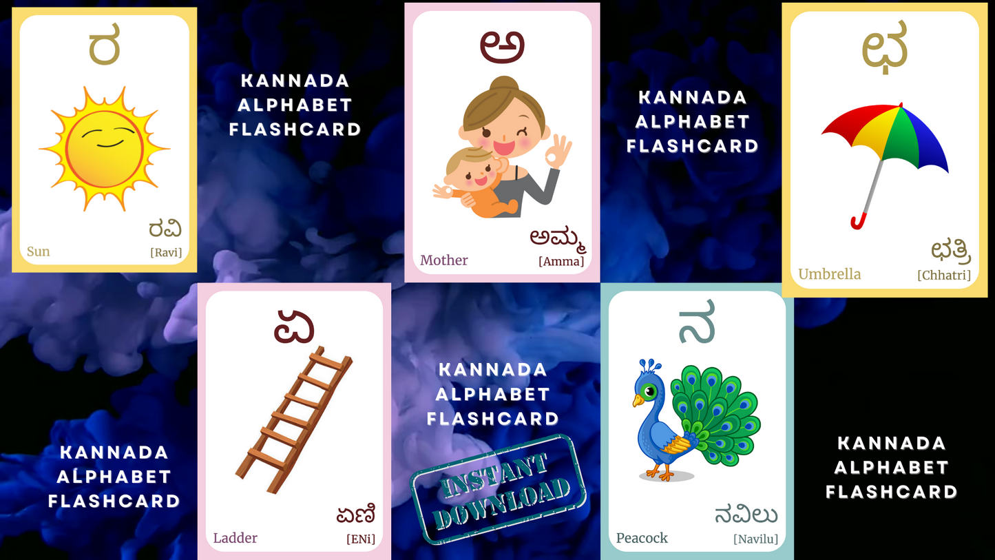 Kannada Alphabet FLASHCARD - Both Vowels and Consonants, Learning Kannada, Kannada Language, Digital Download