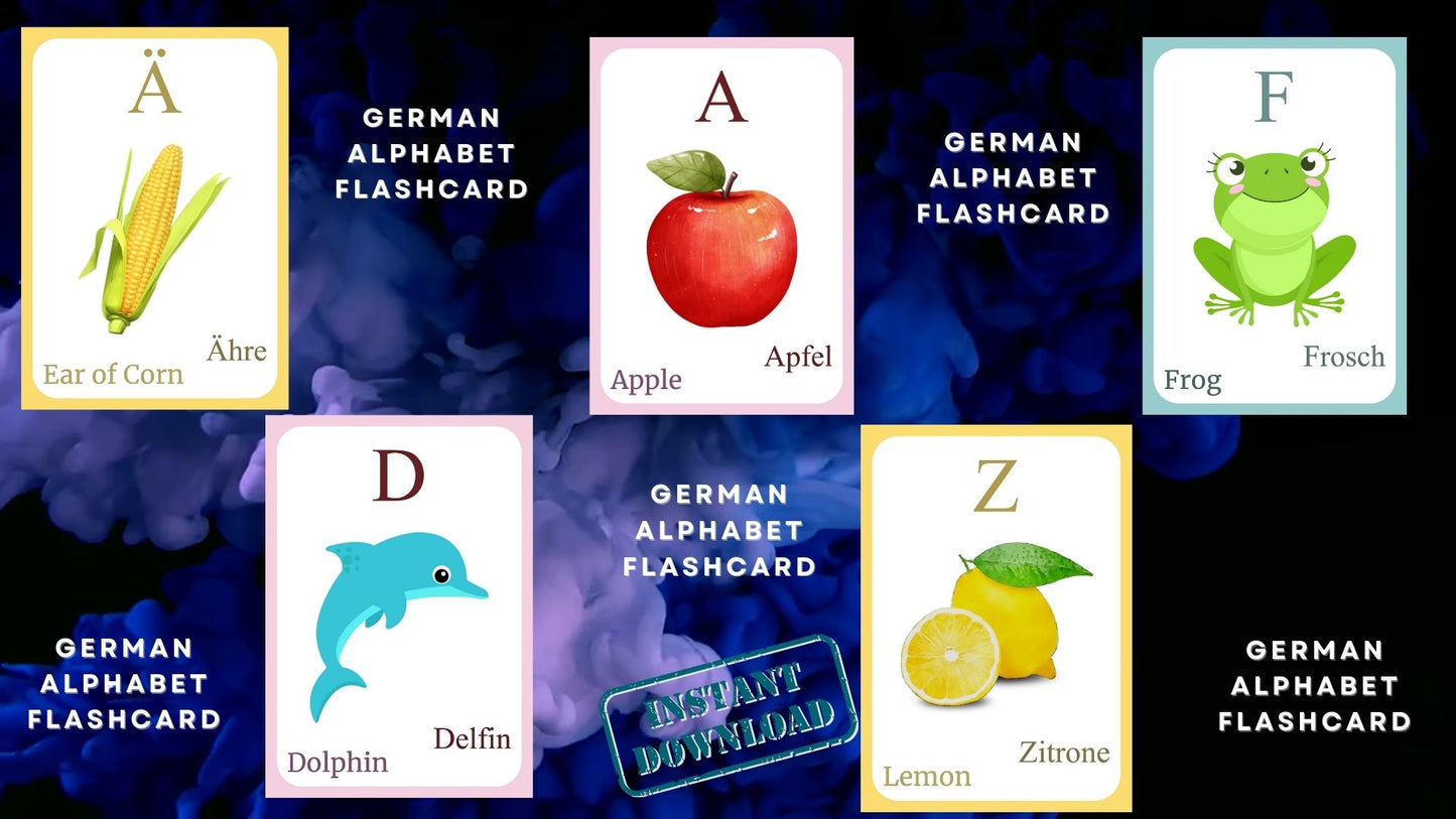 German Alphabet FLASHCARD with picture, Learning German, German Letter Flashcard,German Language