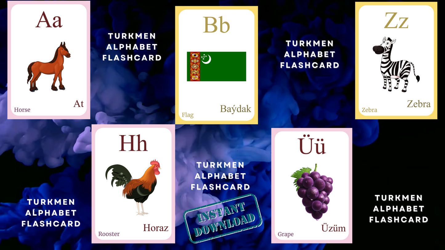 Turkmen Alphabet FLASHCARD - Both Vowels and Consonants, Learning Turkmen, Turkmen Language, Digital Download