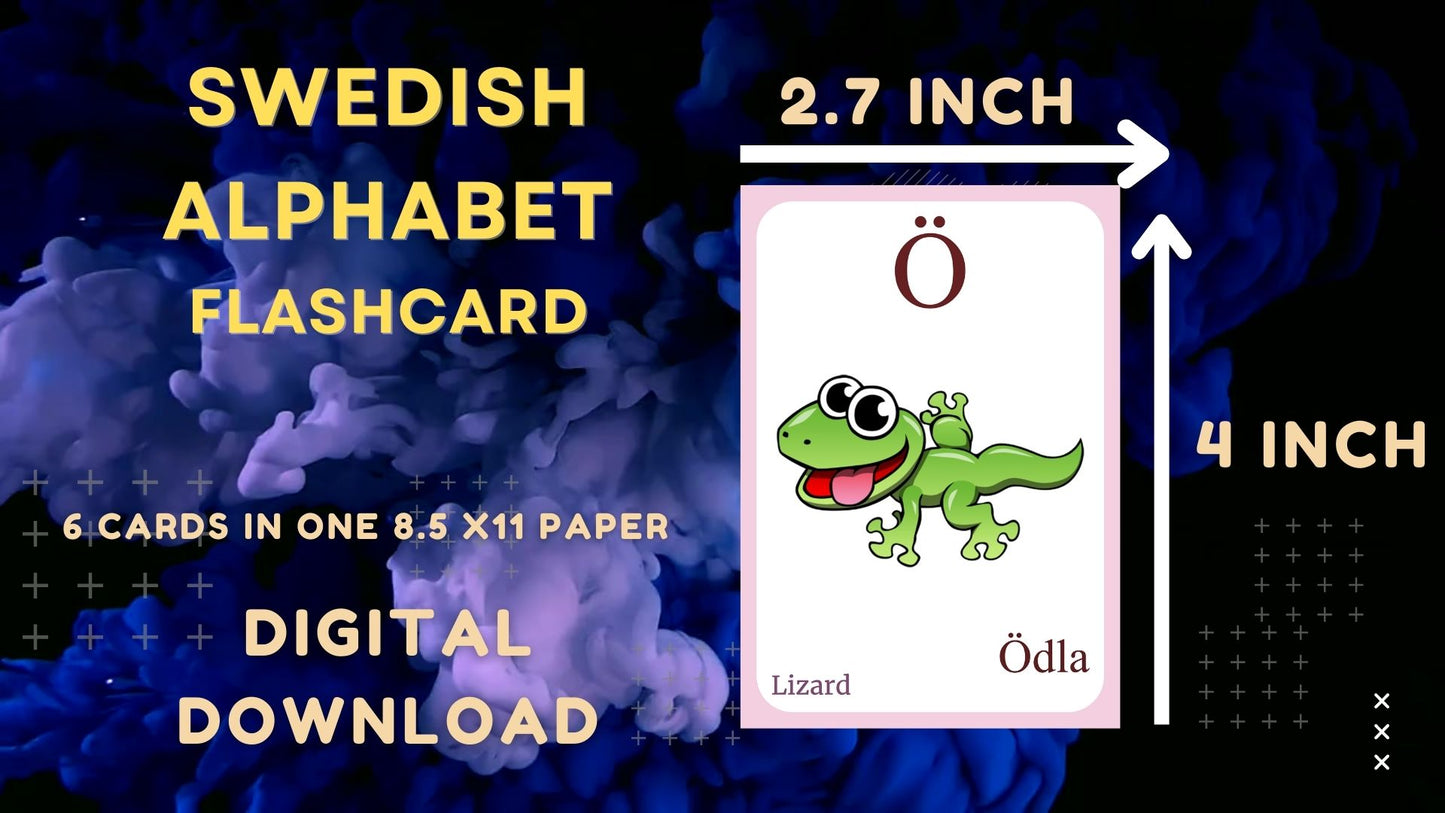 Swedish Alphabet FLASHCARD with picture, Learning Swedish, Swedish Letter Flashcard,Swedish Language