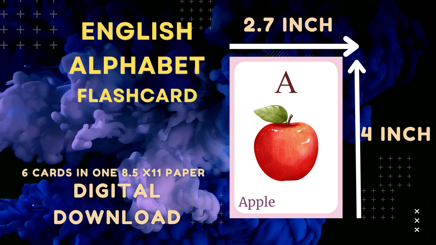 English Alphabet FLASHCARD with picture, Learning English, English Letter Flashcard, English Language, Pdf flashcards, Digital Download