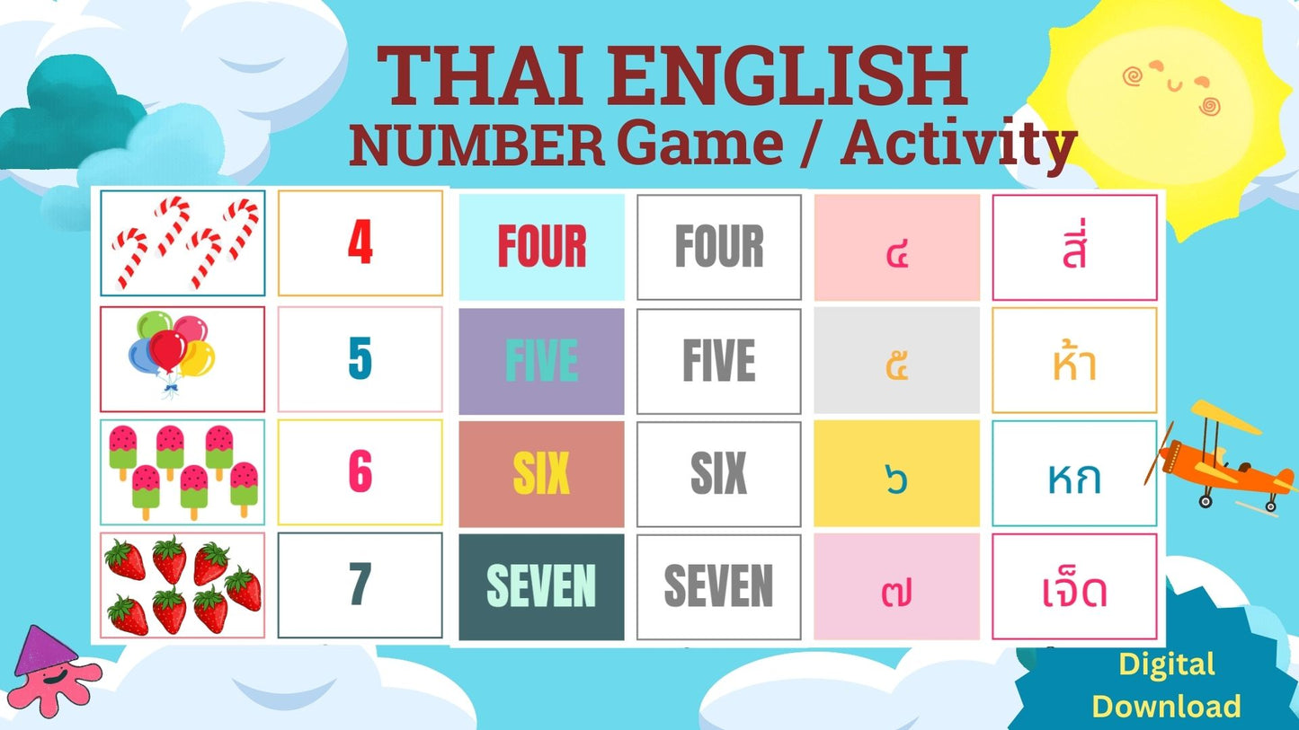 Thai and English Number Game, Thai Games, Learn Thai Childrens Activity