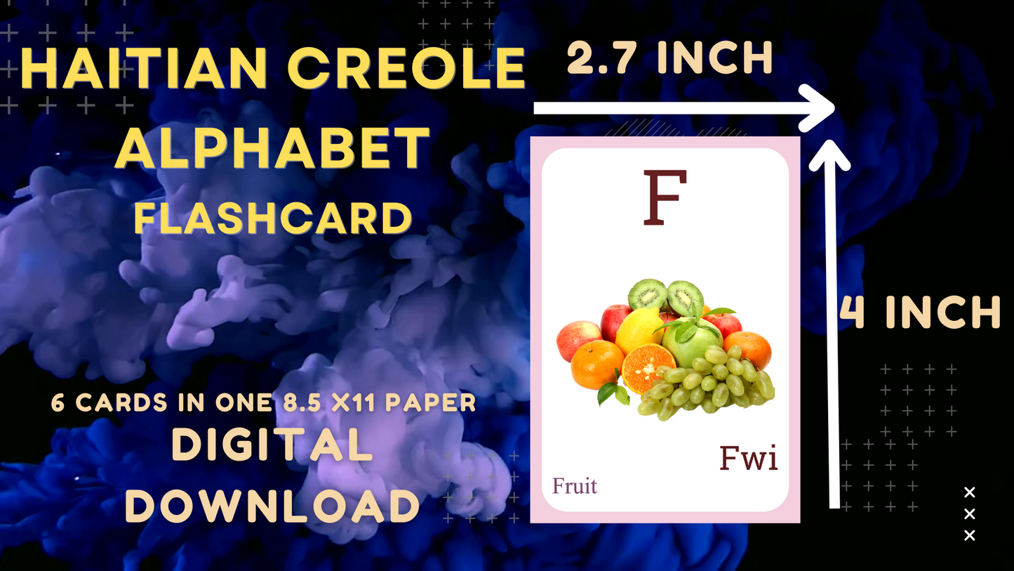 Haitian Creole Alphabet FLASHCARD with picture, Learning Haitian Creole, Haitian Creole Letter Flashcard, Digital Download