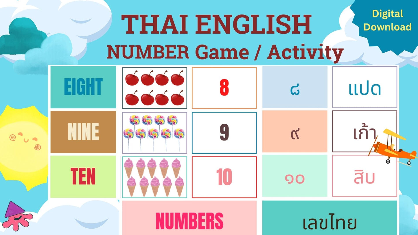 Thai and English Number Game, Thai Games, Learn Thai Childrens Activity