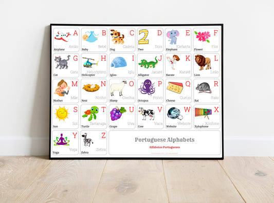 Portuguese Alphabet CHART with Words and English Translations Printable Art, Portuguese Language, Printable Instant Download