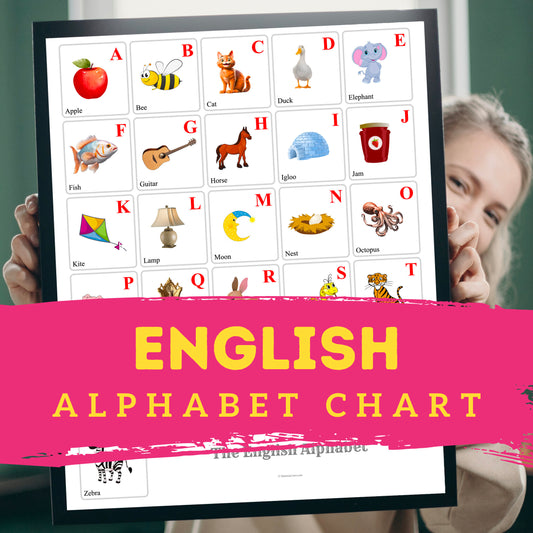 English Alphabet Poster, English Alphabet Chart with colorful pictures | ENGLISH Language Digital, Wall Art, Printable Instant Download