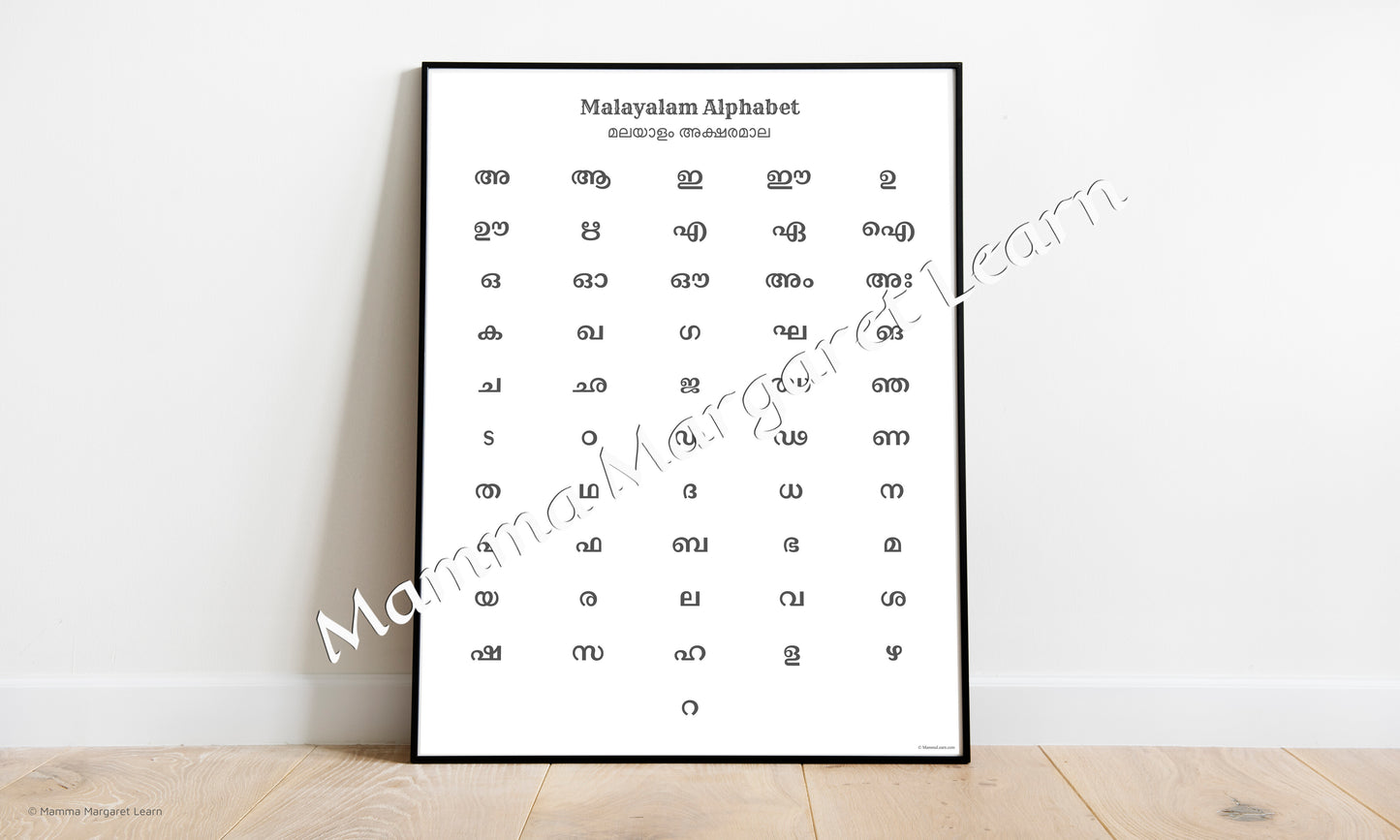 Malayalam Alphabet Poster | Chart, Minimalist