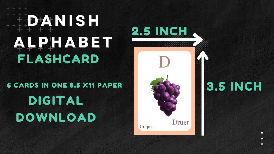 DANISH Alphabet FLASHCARD with picture, Learning Danish, Danish Letter Flashcard,Danish Language,Pdf flashcards, Digital Download