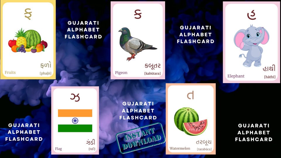 GUJARATI Alphabet FLASHCARD (Consonants) with picture, Learning Gujarati, Gujarati Letter Flashcard, Gujarati Language,Pdf flashcards